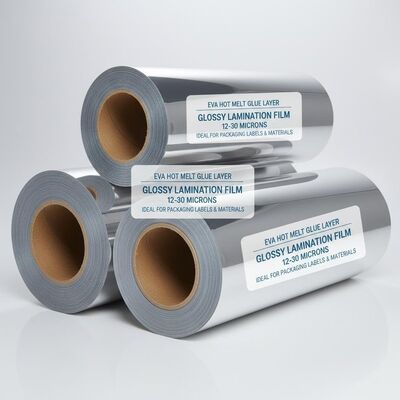 قیمت خوب رول فیلم لمینیت چسب مذاب داغ EVA با لایه براق، ضخامت 12 تا 30 میکرون، ایده‌آل برای برچسب‌ها و مواد بسته‌بندی آنلاین